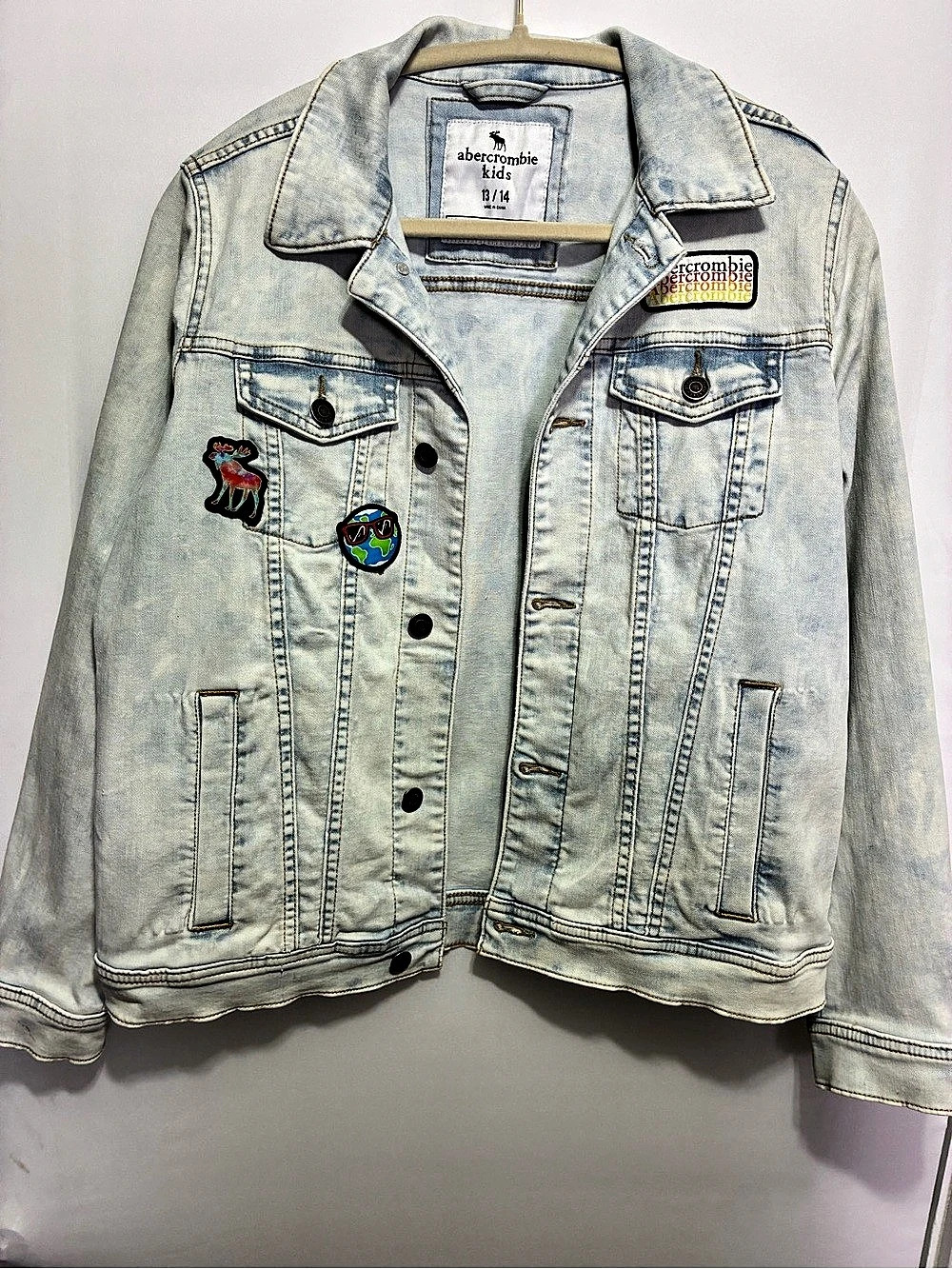 Abercrombie Kids Denim Jacket Size 13/14 Light Wash Patch Jean Jacket